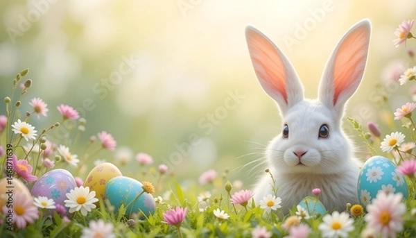 Fototapeta Easter Bunny Ears with Easter Eggs on Meadow with Flowers Background Banner in Transparent Format for Festive Spring Design
