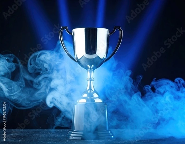 Obraz A shiny trophy stands tall amidst swirling blue smoke and beams of light, symbolizing victory and achievement