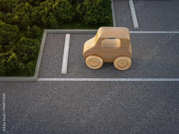 Fototapeta Asphalt floor parking lot and wooden toy. Aerial view 3d rendering of car park.