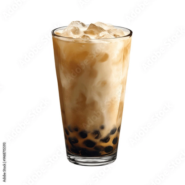 Fototapeta Iced Brown Sugar Boba Milk Tea with Ice Cubes in Tall Glass