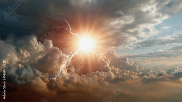 Fototapeta The sun ignites the spark from the clouds , inner strength, energy pours into atmosphere ,Ai image generated;on sky background.