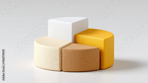 Fototapeta Brightly Lit 3D Pie Chart on Ultra White Background Showcasing Various Tones and Textures for Data Visualization