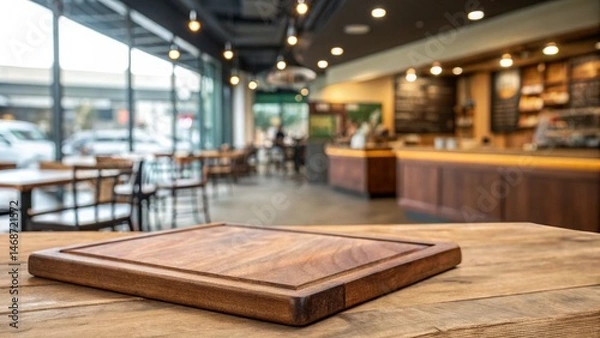 Fototapeta Empty wooden table space platform and blurry defocused restaurant interior, Vintage tone