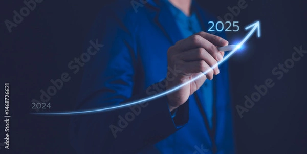 Fototapeta 2025 Business development to success and growing growth concept, 2024 to 2025 growth. Businessman pointing arrow graph corporate future growth plan.