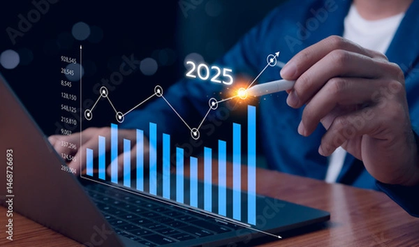 Fototapeta 2024 business financial plan market concept, performance of profit growth on 2024 to 2025, education trend up finance on growth graph money revenue, Businessman analyzes profitability of working.
