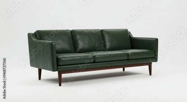 Obraz Green leather sofa with wooden legs against a white background in studio.