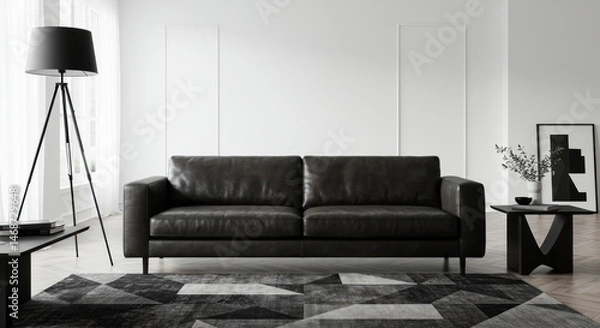 Fototapeta Dark sofa with lamp and table in a bright modern interior setting.