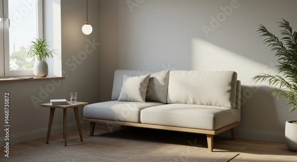Fototapeta Interior scene with sofa pillows plant light table and window in natural light.