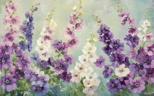 Fototapeta Impressionistic floral painting shows purple, pink, and white delphiniums in bloom with an inviting soft background