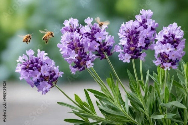 Fototapeta Honey bees flying and collecting pollen from lavender flowers
