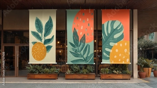 Fototapeta Three large banner mockups in front of a coffee shop