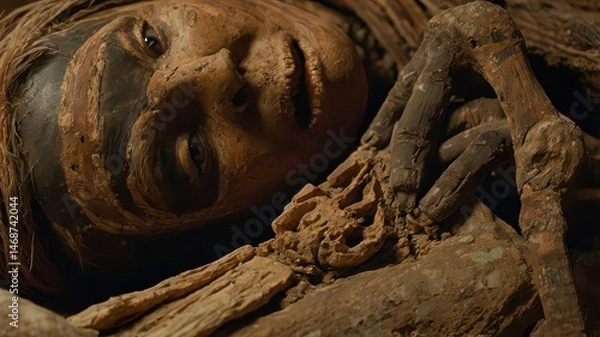 Fototapeta Close up of a well preserved mummy with visible face and hands in a dark setting ancient burial