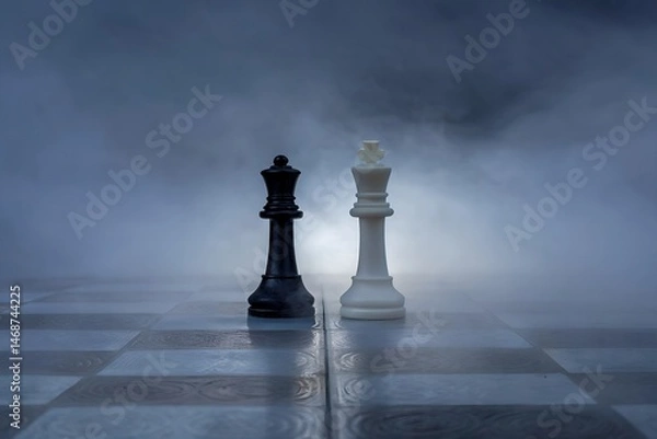 Fototapeta Black and White Chess Queens face off on a misty game board a strategic battle of wits and power
