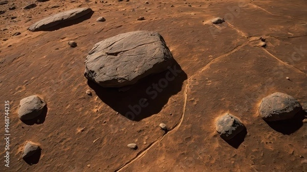 Fototapeta Aerial view of a rocky desert landscape with scattered boulders and cracked dry ground surface