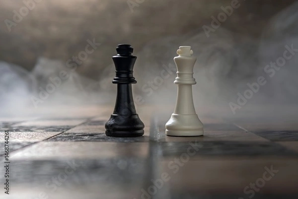 Fototapeta Dramatic Chess Game Showdown Black and White Kings Face Off in Smoky Atmosphere Strategy Game