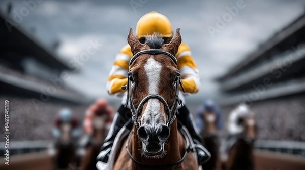 Fototapeta Dynamic close-up of a jockey in yellow racing at full speed, flanked by competitors on a vibrant red track with an excited crowd.