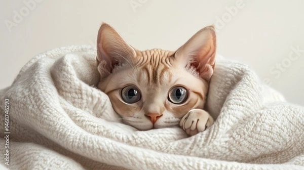 Fototapeta Cozy kitten peeking from blanket, soft background