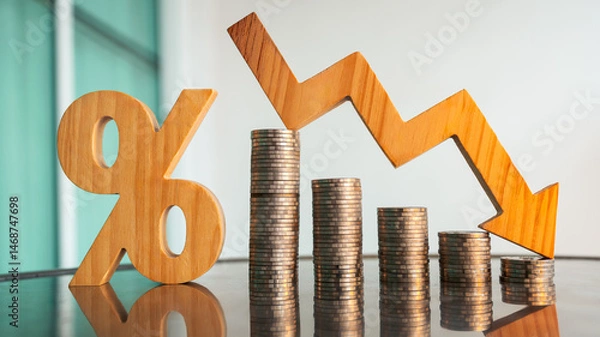 Fototapeta Percentage model, coin stack and down arrow, concepts for success, methods, systems of raising or lowering Fed interest rates to correct inflation concepts.
