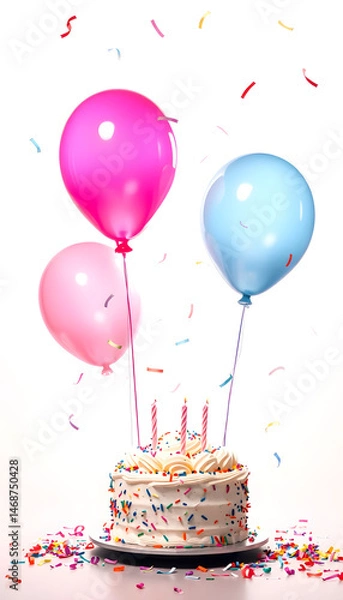 Fototapeta birthday party balloons with confetti and cake on light - , with white tonespng