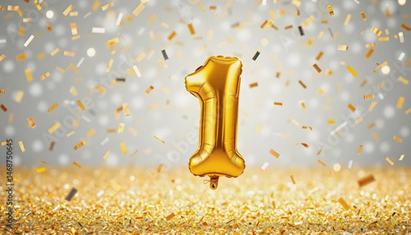 Fototapeta Number 1 gold birthday celebration balloon on a confetti glitter background , with white tonespng