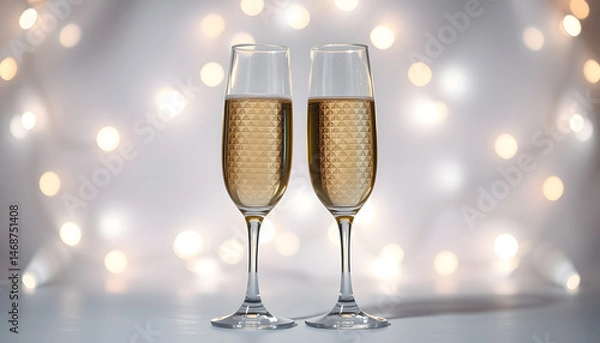 Fototapeta Glasses with champagne against holiday lights , with white tonespng