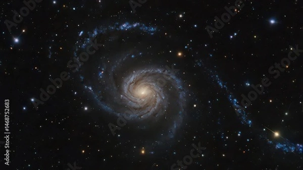 Fototapeta A distant spiral galaxy with bright center and swirling arms against a star filled dark background
