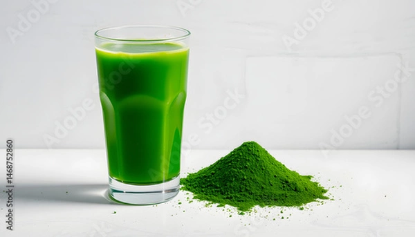Fototapeta Green drink with chlorella in a glass and powder on a white concrete background. Healthy detox drink. Superfood concept. Copy space , with white tonespng