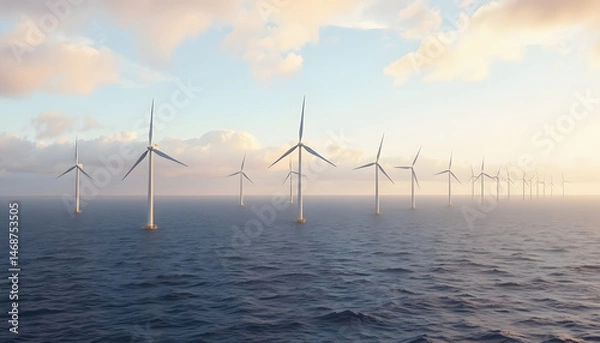 Fototapeta Wind Turbines. Offshore Wind Farm on a Cloudy Afternoon. Clean Energy Concept , with white tonespng