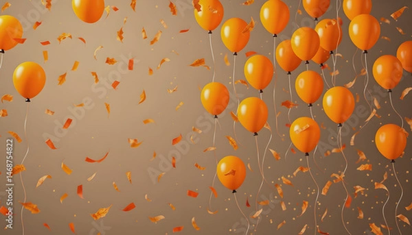 Fototapeta Flying orange balloons and confetti on background, Autumn concept design, halloween, copy space text, 3D illustration , with white tonespng