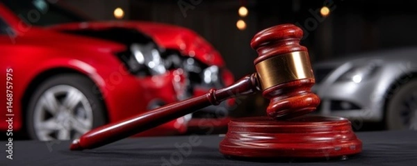 Fototapeta Gavel with Car Accident Background Symbolizing Legal Support and Rights After a Traffic Collision
