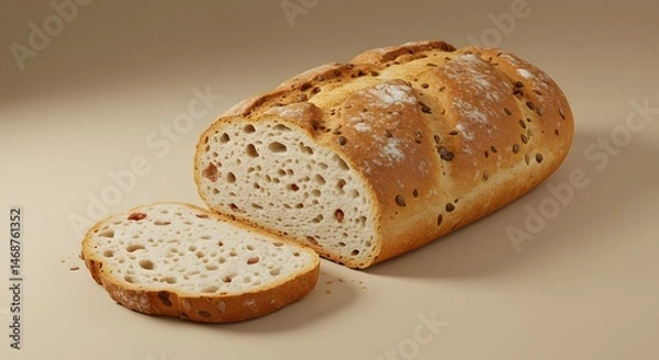 Fototapeta Bread Loaf and Slice on Beige Surface
