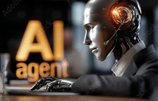 Fototapeta AI Robot at Desk in Front of Computer as Digital Marketing Agency Manager