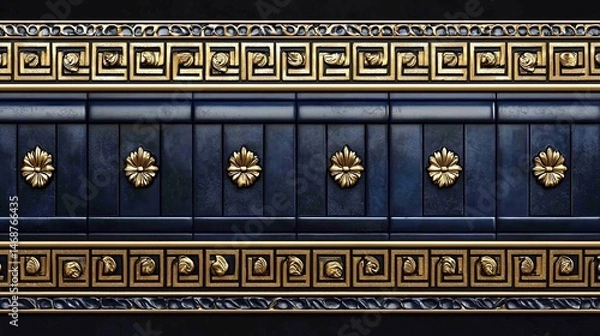 Fototapeta Greek key border, dark blue tiles, gold accents.  Background seamless pattern. Use design element