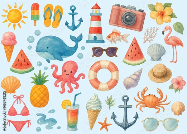 Fototapeta Watercolor Summer Beach Elements – Hand-painted Tropical and Marine Objects