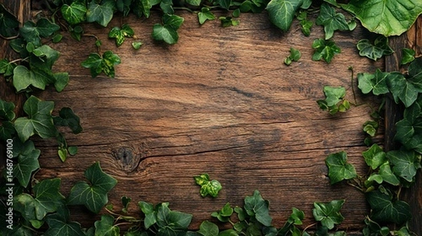 Fototapeta Ivy frame on rustic wood background, nature backdrop (1)