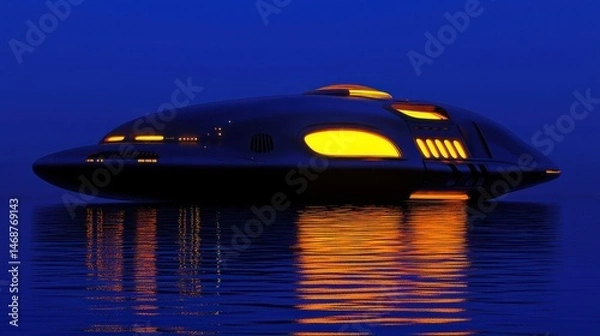 Fototapeta A futuristic spaceship with illuminated windows rests upon the tranquil water
