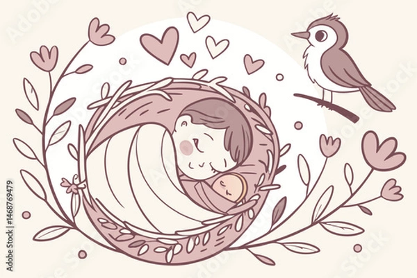 Fototapeta 21 Newborn baby sleeping in a nest, intricate illustration, soft pastel colors, hearts and flowers surrounding, bird perched nearby, whimsical style, detailed textures, ethereal atmosphere, delicate l
