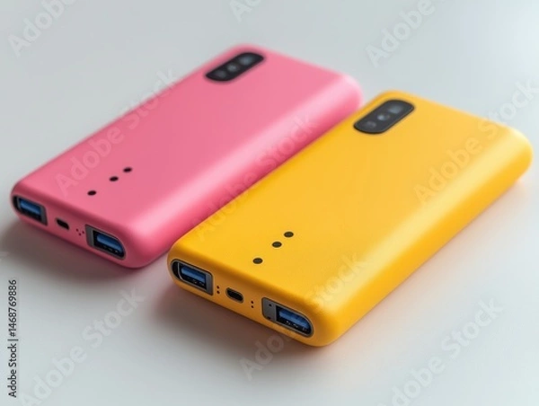 Obraz Two colorful power banks in pink and yellow on a light background showcasing modern design