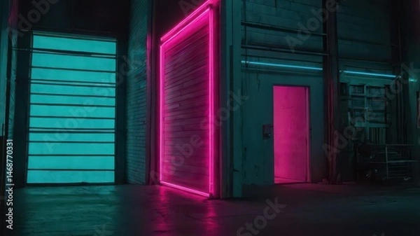 Fototapeta Interior of a warehouse with neon lights illuminating doors and a roller shutter in teal and pink