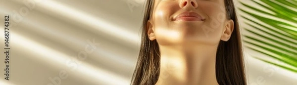 Fototapeta Soulful Awakening Through the Journey of Spirituality, Woman enjoying relaxation and tranquility with soft light and greenery around her.