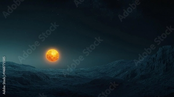 Fototapeta Soulful Awakening Through the Journey of Spirituality, A surreal landscape features a vibrant sun rising over dark, textured terrain under a starlit sky.