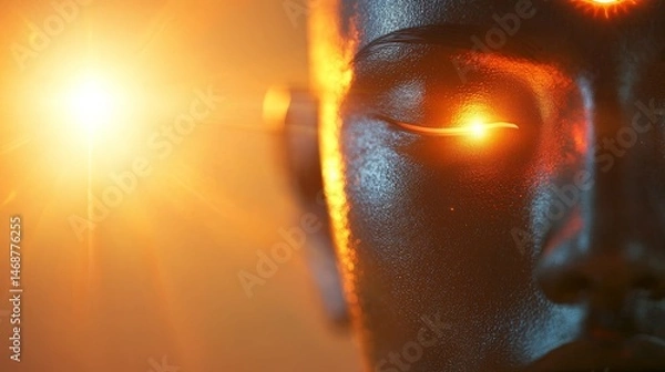 Fototapeta Soulful Awakening Through the Journey of Spirituality, Abstract close-up of a serene face illuminated by warm light, suggesting introspection and enlightenment.