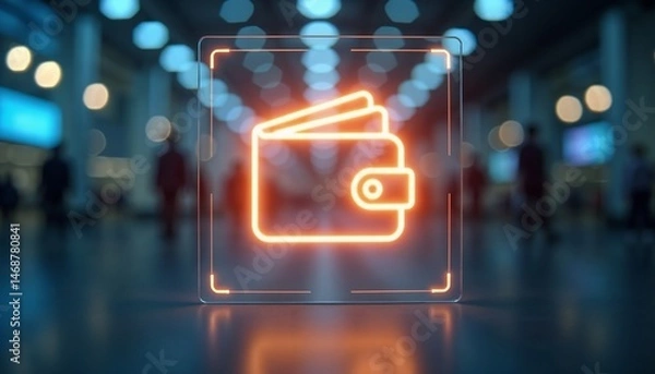 Obraz Glowing wallet icon on modern glass panel in bustling environment