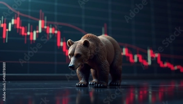 Obraz Bear figurine in front of bearish stock market chart for finance concept