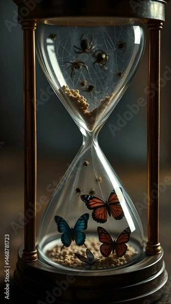Fototapeta Allegories and metaphors: Spiders, Webs, and Butterflies in a Glass Hourglass
Concept: Transformation, balance, surrealism,
Allegories and metaphors