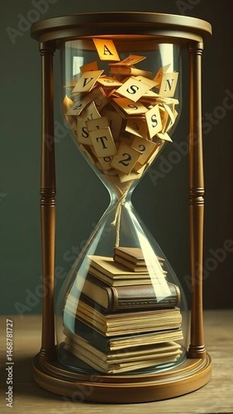 Fototapeta Allegories, metaphors, timeless wisdom: Books and letters in a wooden hourglass
Concept: Knowledge, Wisdom, Timelessness