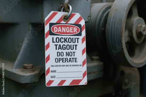 Fototapeta Lockout tagout safety sign hangs on industrial machinery belts to prevent operation and ensure worker protection in hazardous environments