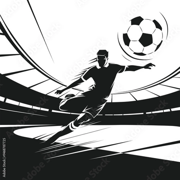 Obraz Monochrome silhouette of a soccer player kicking a ball in a stadium