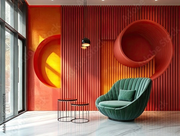 Fototapeta Modern lounge area with vibrant color scheme.