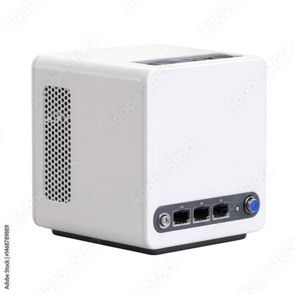 Fototapeta White server cube with network ports for data processing and storage